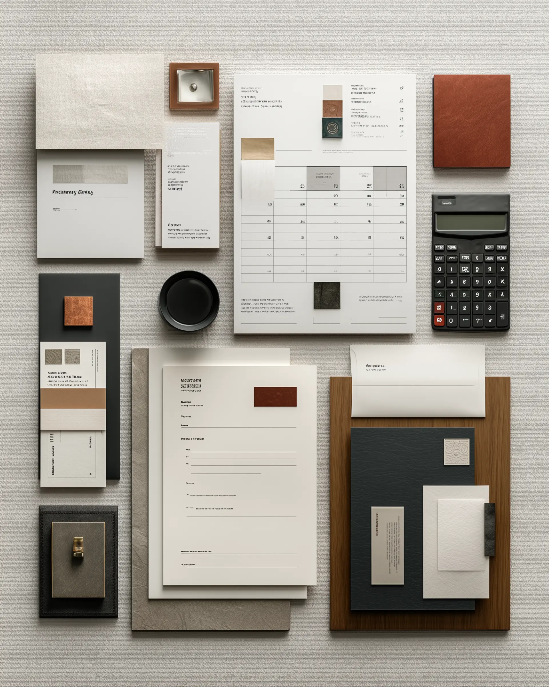 Accounting documents and financial materials arranged on a desk.