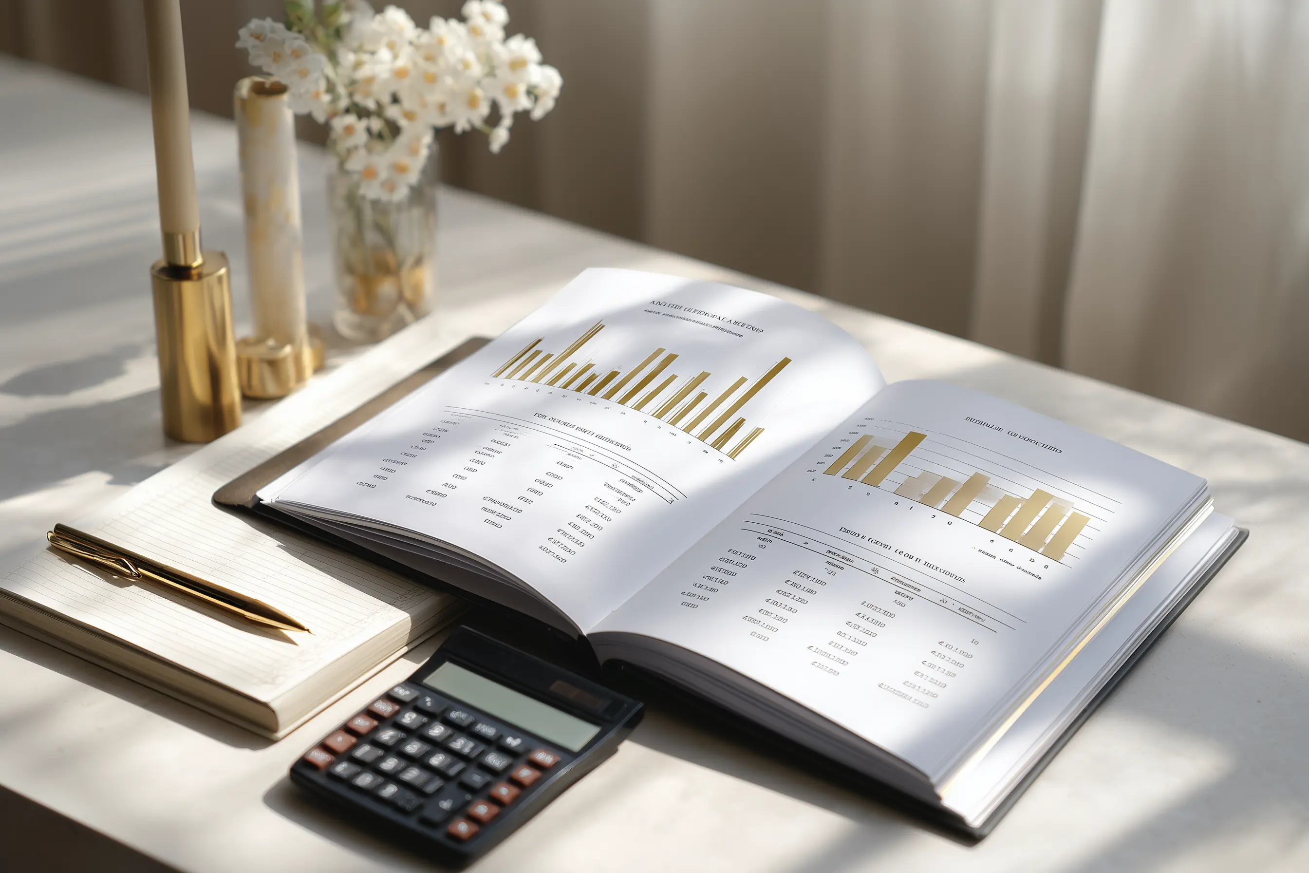 Polished financial reports, charts, and deliverables arranged in a premium accounting presentation.