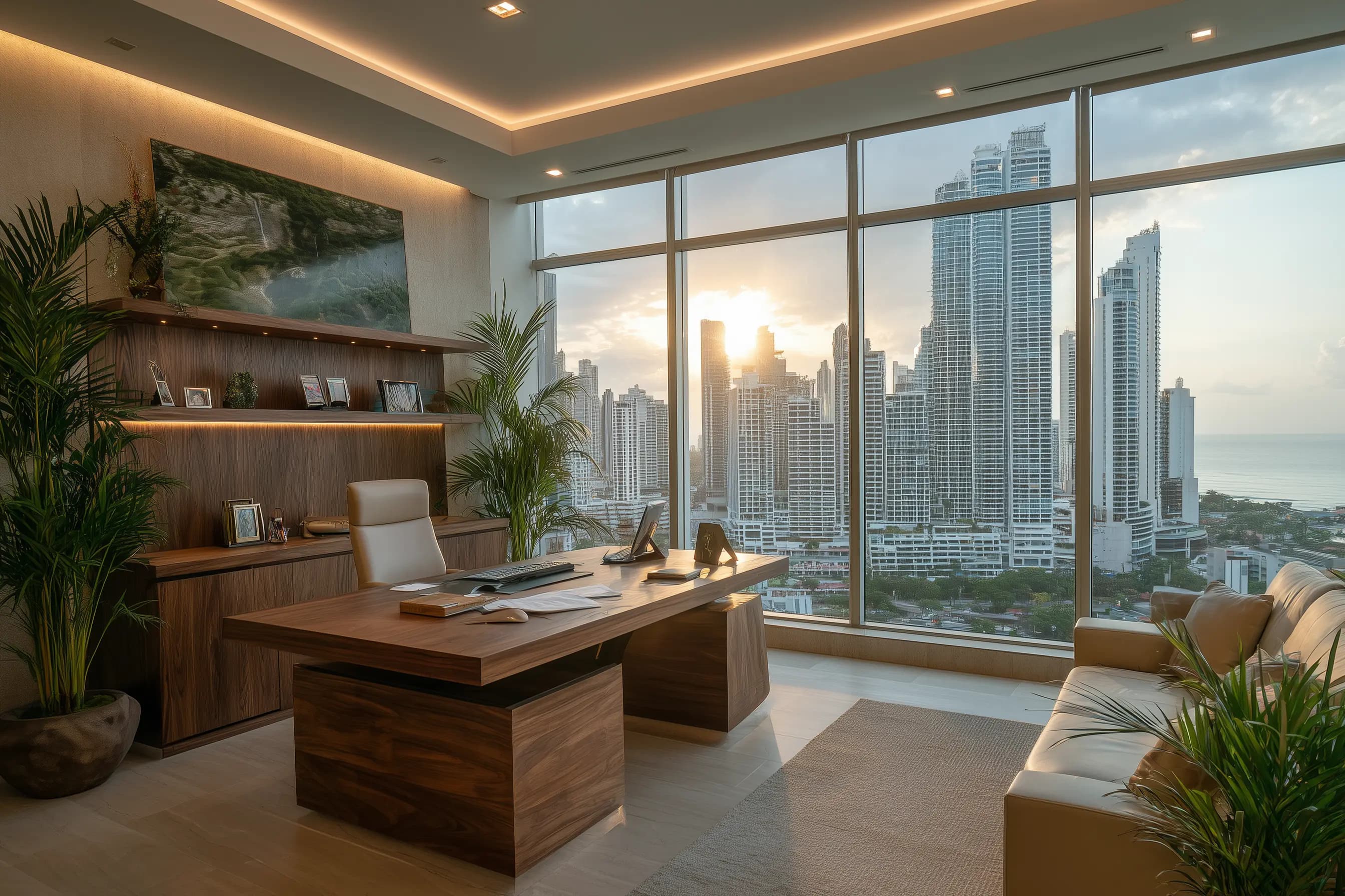 Premium accounting office in Panama City with a polished workspace and skyline view.